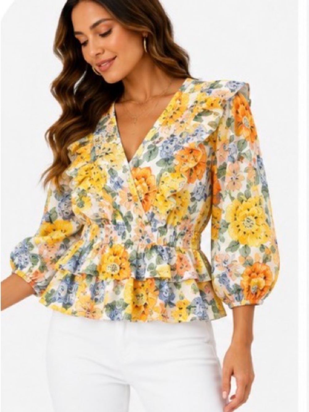 Entro NWT Floral Ruffle Peplum Cotton Blouse Yellow Orange Blue Small - Picture 3 of 6